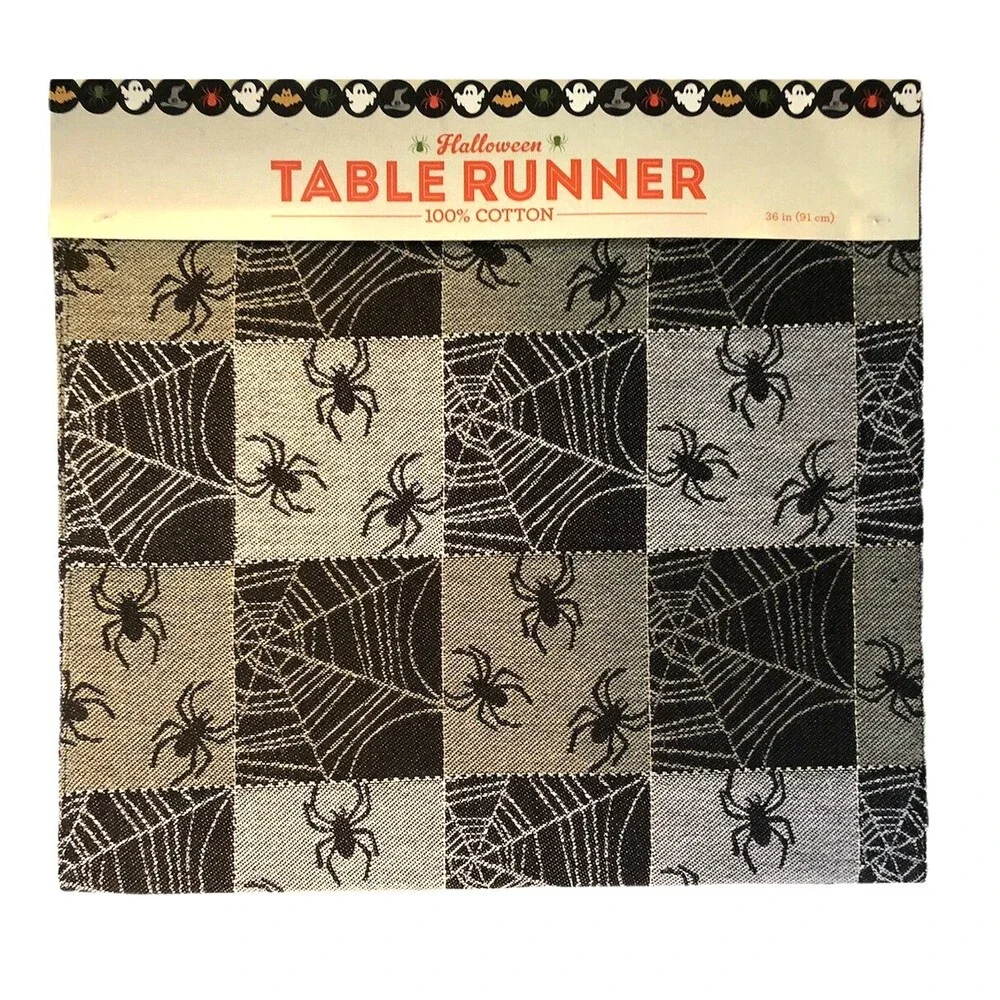 Nantucket Halloween Table Runner Black Gray Spider Webs Spooky Scary 14x36